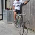 The proud 60 year old owner - the Peugeot jersey (un maillot peugeot) is a modern replica unfortunately. BTW, I always wear a helmet (in the background)